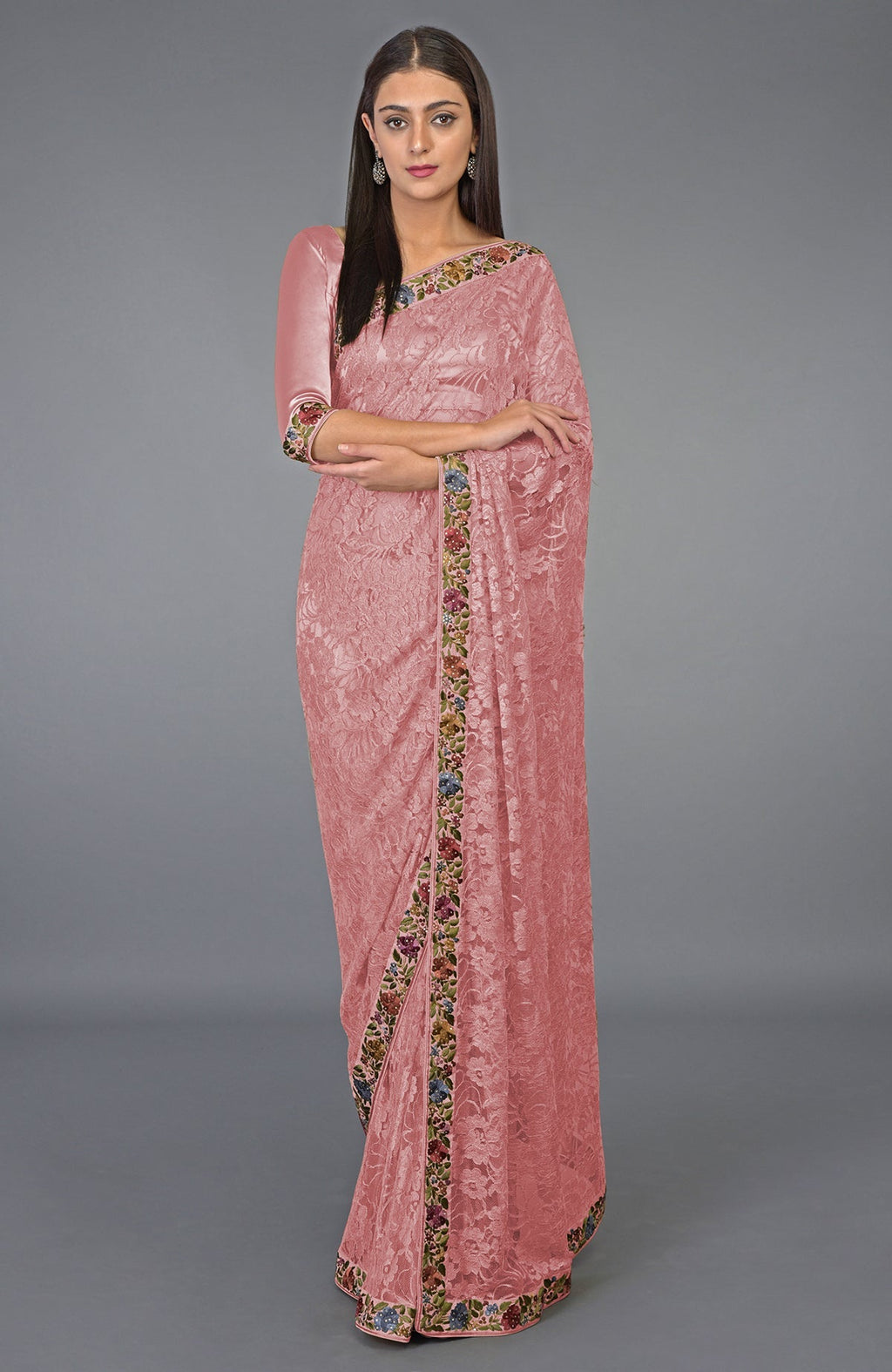 Rose tan French Chantilly lace saree with multicolor Parsi Gara embroidery and Swarovski crystals.