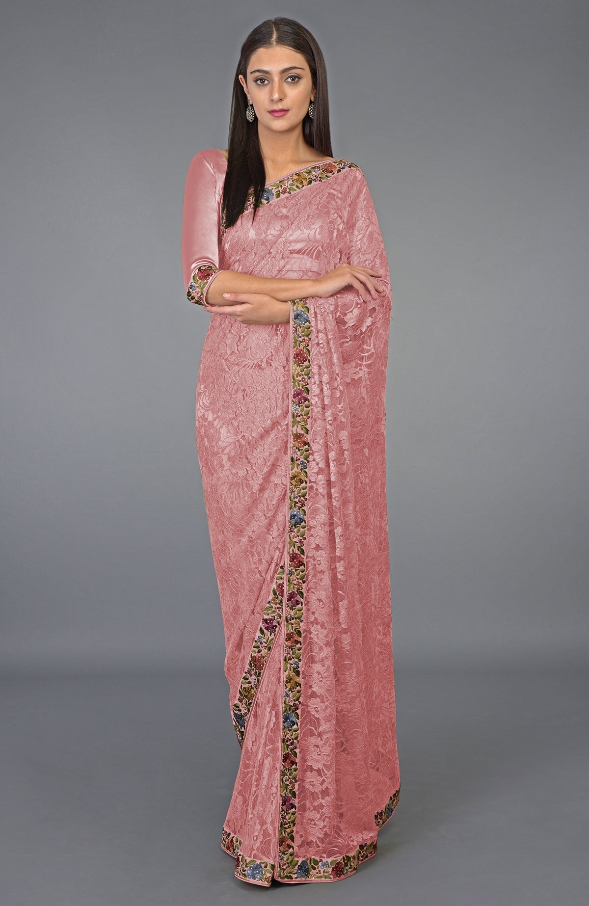 Beige French Chantilly lace saree with multicolor Parsi Gara embroidery and Swarovski crystals