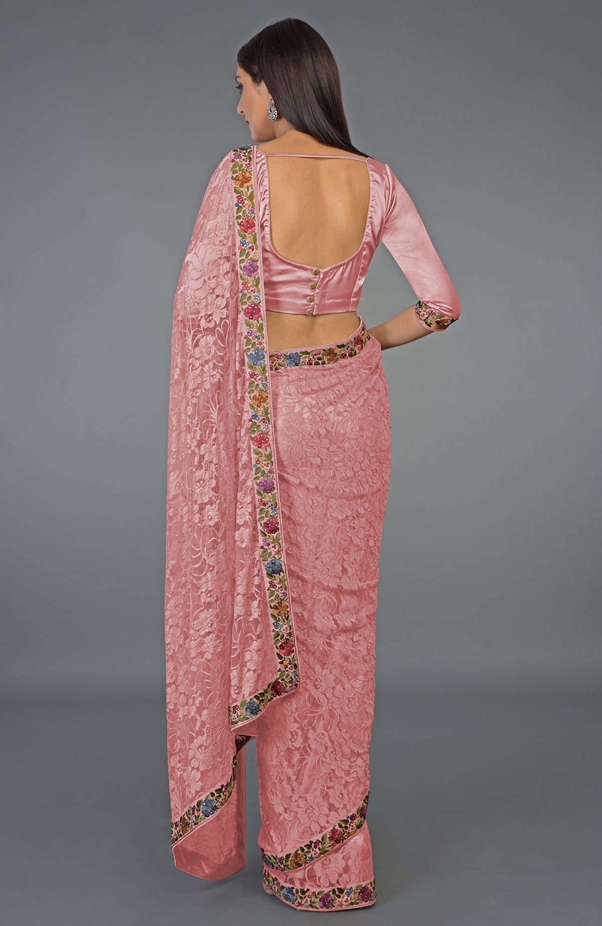 Rose tan French Chantilly lace saree with multicolor Parsi Gara embroidery and Swarovski crystals