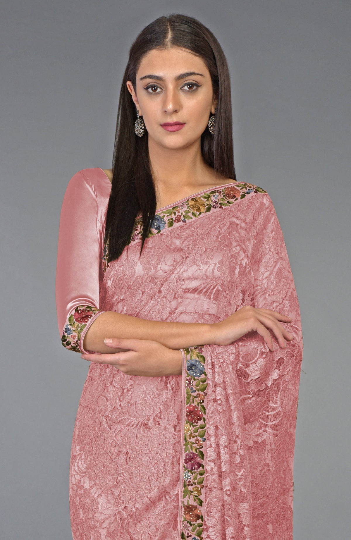 Rose tan French Chantilly lace saree with multicolor Parsi Gara embroidery and Swarovski crystals