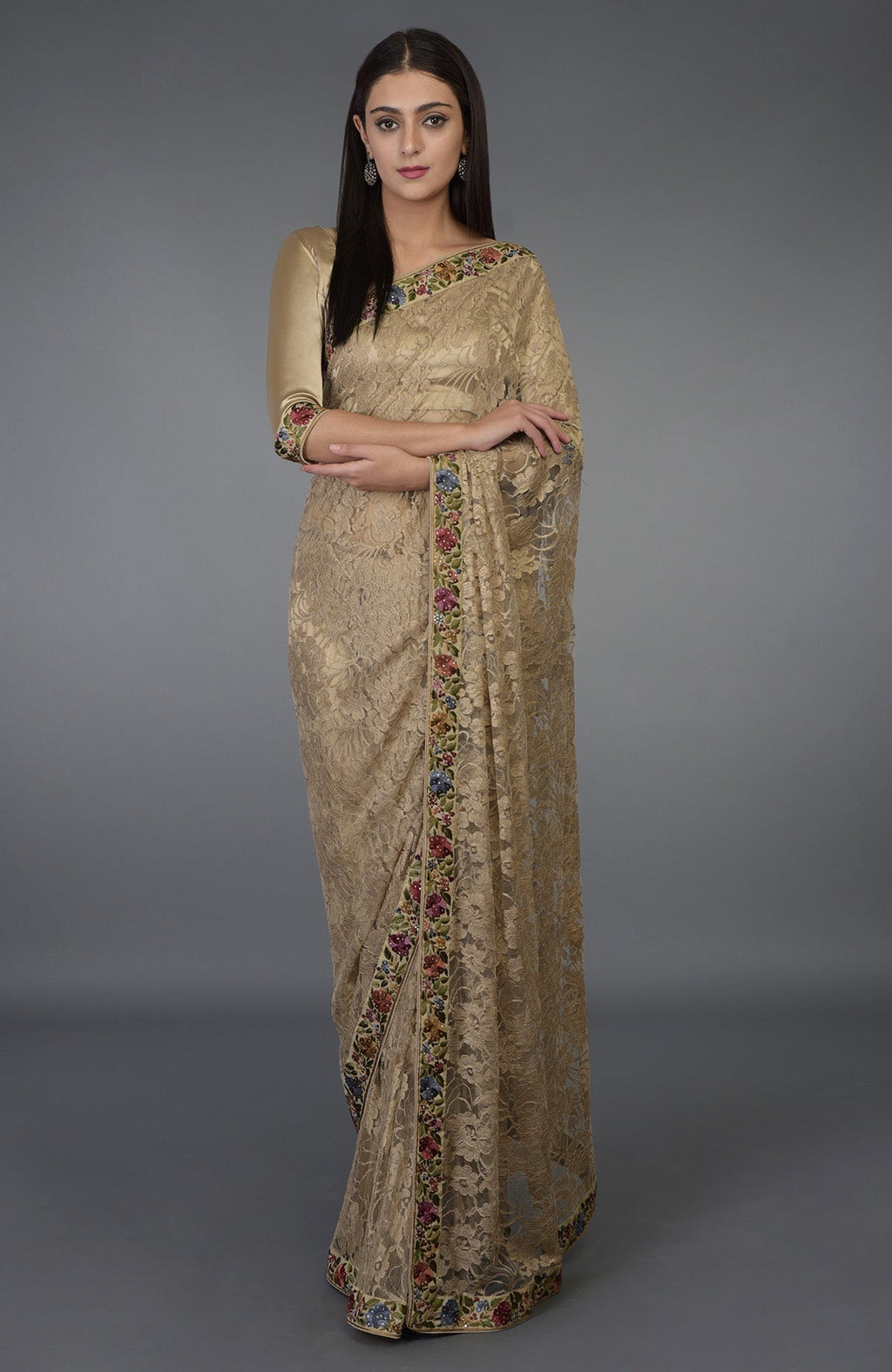 Beige French Chantilly lace saree with multicolor Parsi Gara embroidery and Swarovski crystals