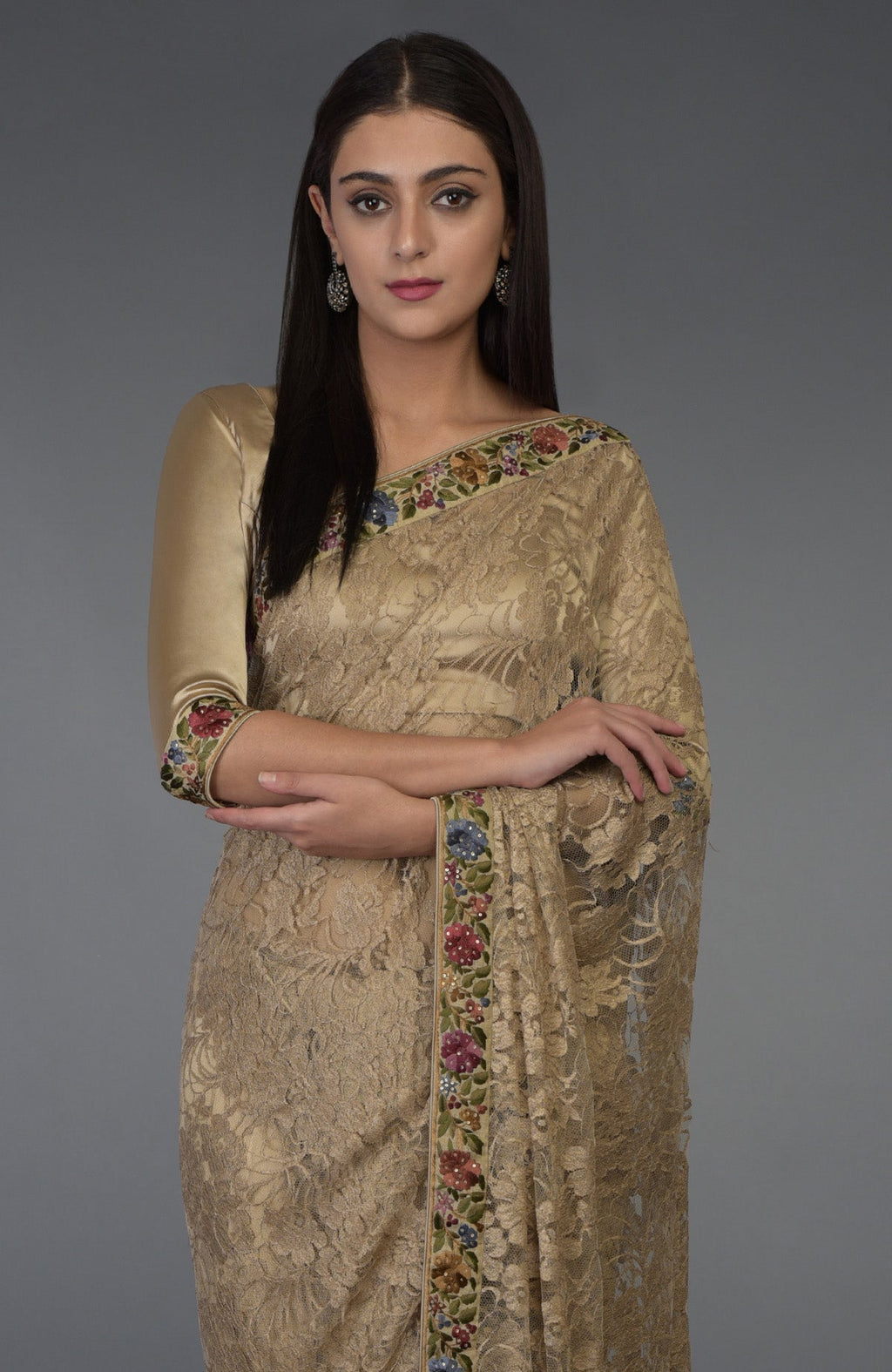 Beige French Chantilly lace saree with multicolor Parsi Gara embroidery and Swarovski crystals