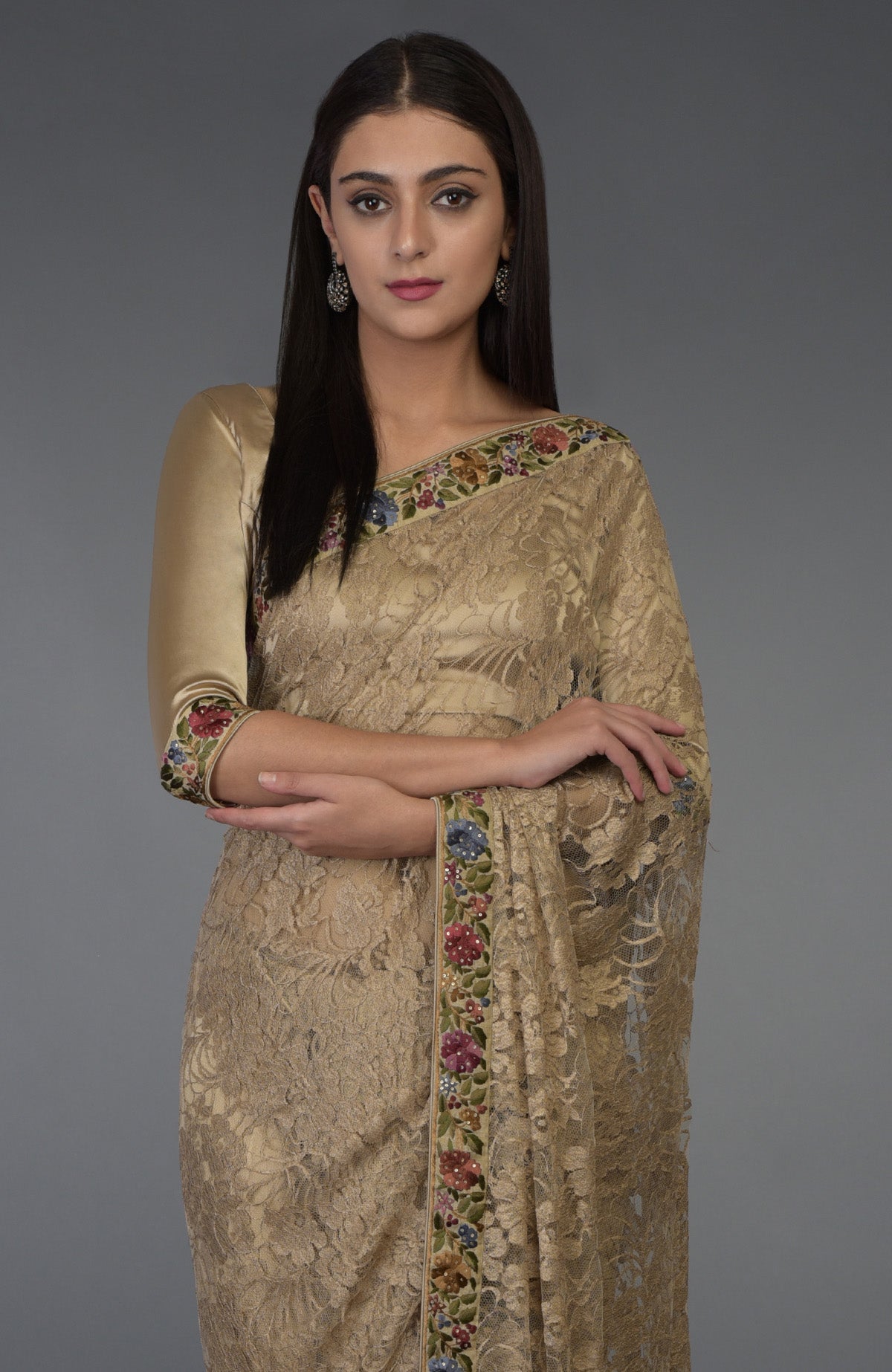 Beige French Chantilly lace saree with multicolor Parsi Gara embroidery and Swarovski crystals