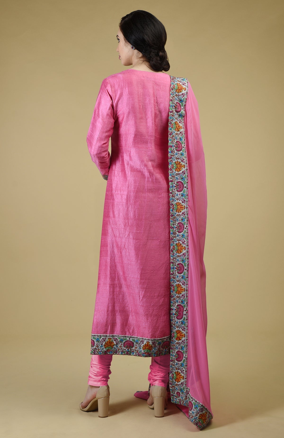 Carnation pink raw silk suit with hand embroidered Kashmiri kashidakari on kurta and dupatta borders
