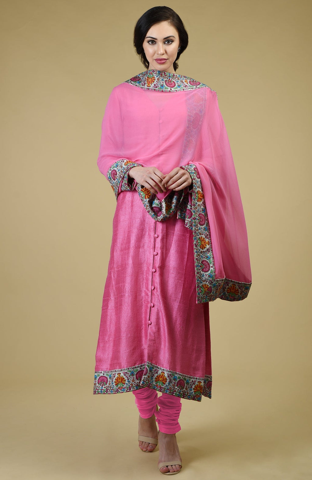 Carnation pink raw silk suit with Kashmiri hand embroidery on kurta and dupatta borders.