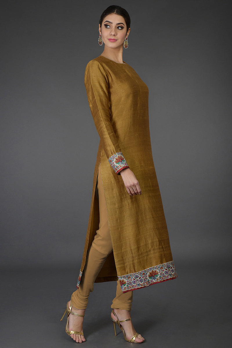 Dark mustard raw silk suit with multicolor Kashmiri hand embroidery and georgette dupatta borders.