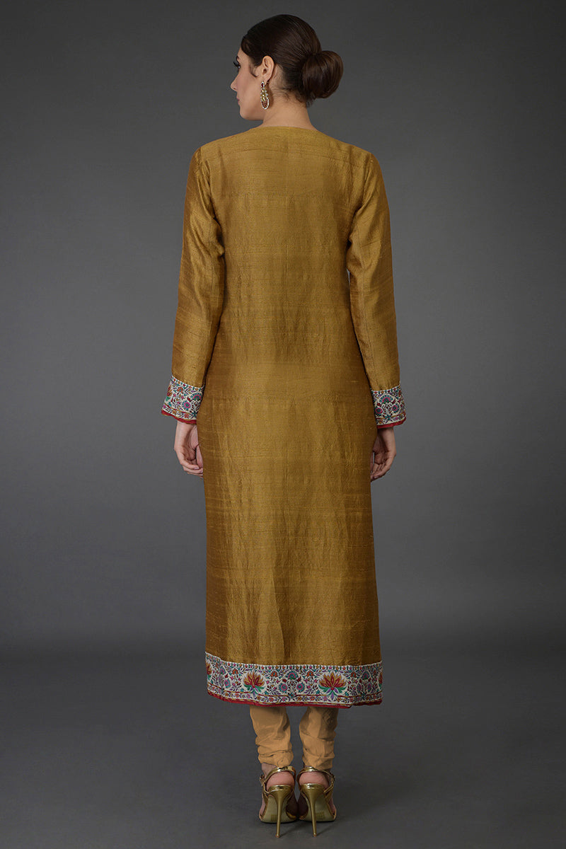 Dark mustard raw silk suit with multicolor Kashmiri hand embroidery and georgette dupatta borders.