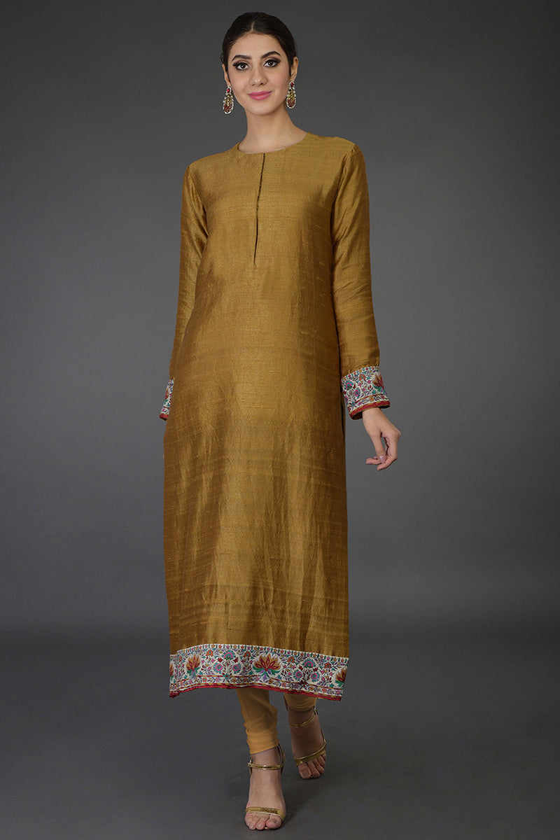 Dark mustard raw silk suit with multicolor Kashmiri hand embroidery and georgette dupatta borders.