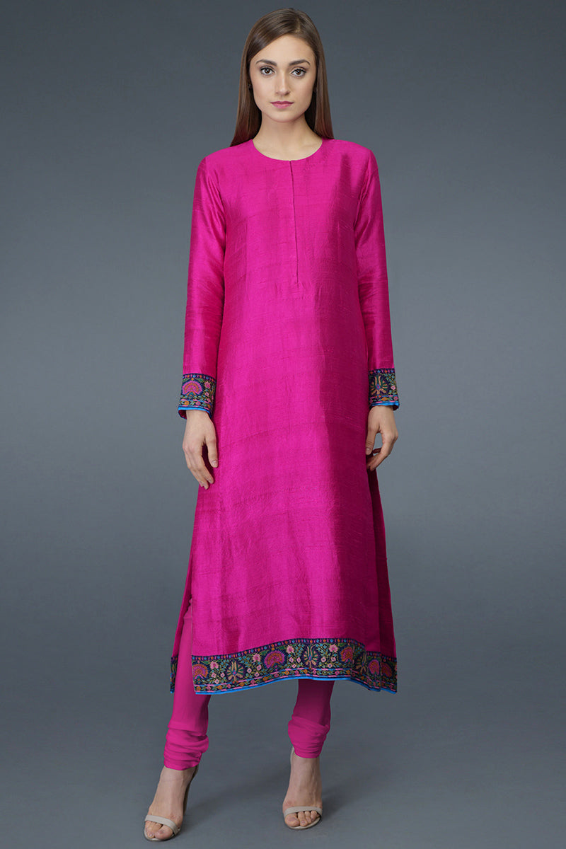 Hot pink pure raw silk suit with multicolor Kashmiri hand embroidery and georgette dupatta borders