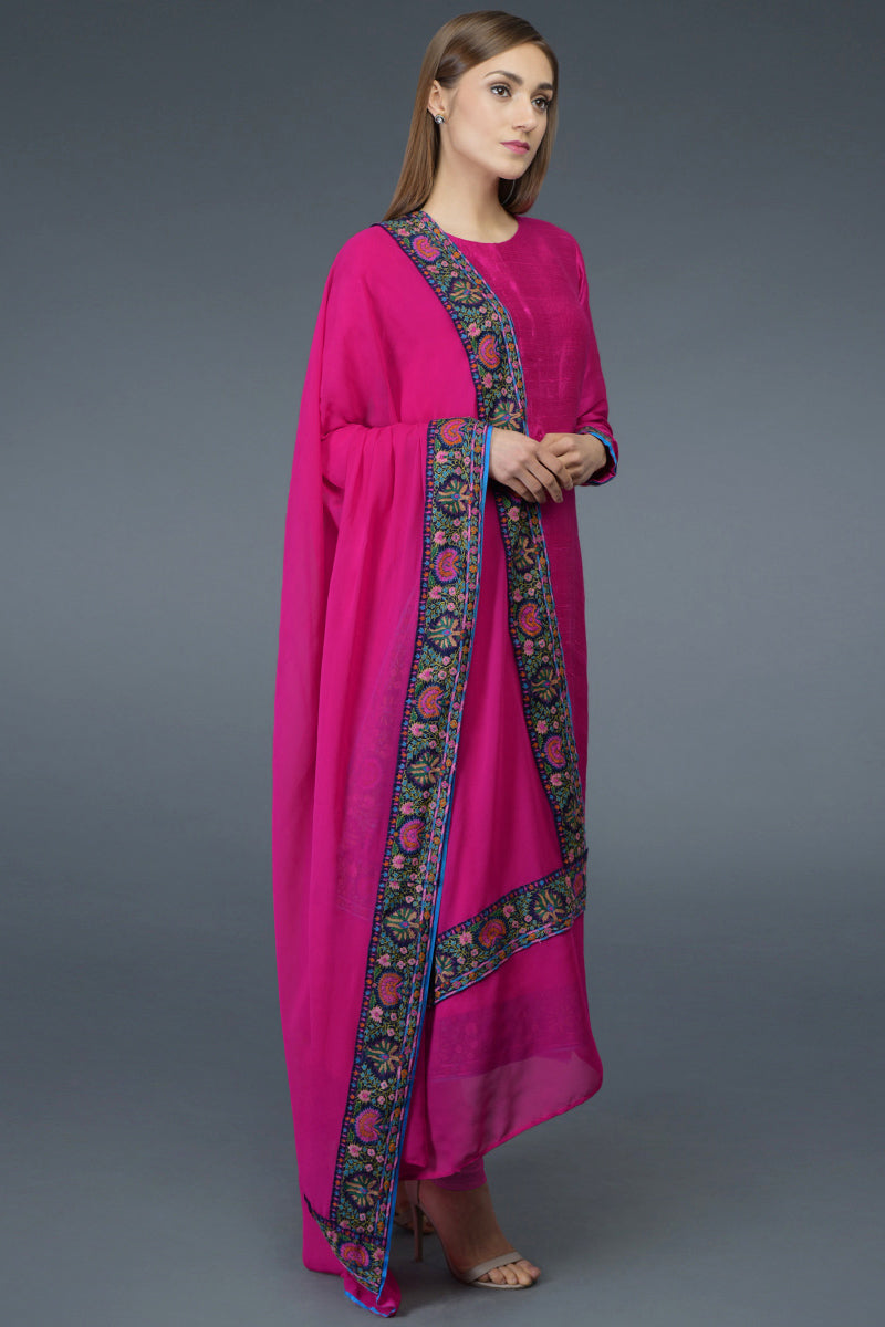 Hot pink pure raw silk suit with multicolor Kashmiri hand embroidery and georgette dupatta.
