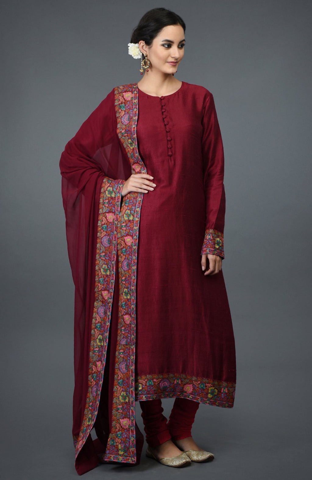 Maroon raw silk suit with multicolor Kashmiri hand embroidery on kurta and georgette dupatta borders