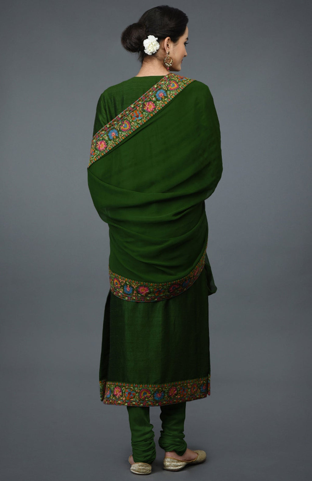 Moss green raw silk suit with multicolor Kashmiri hand embroidery on kurta and dupatta borders