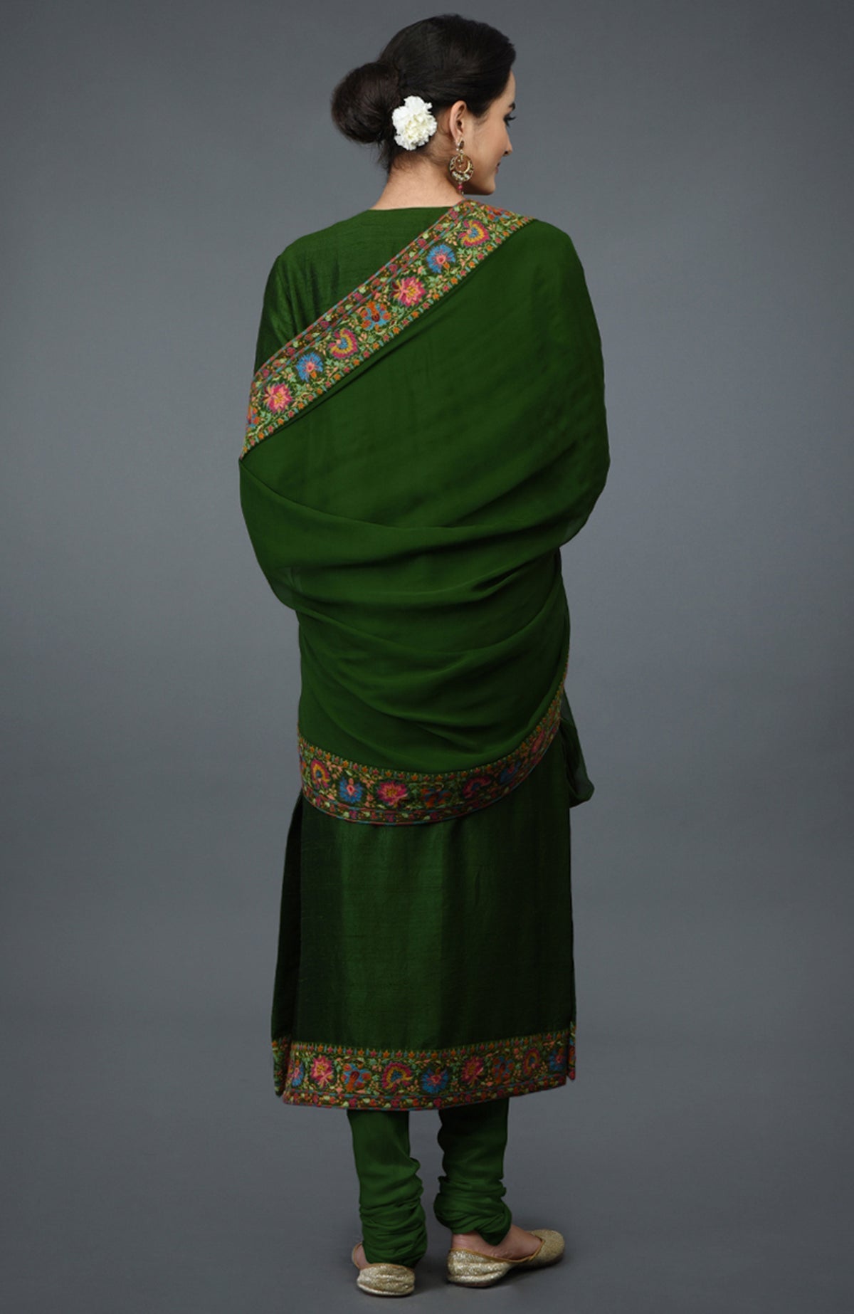 Moss green raw silk suit with multicolor Kashmiri hand embroidery on kurta and dupatta borders