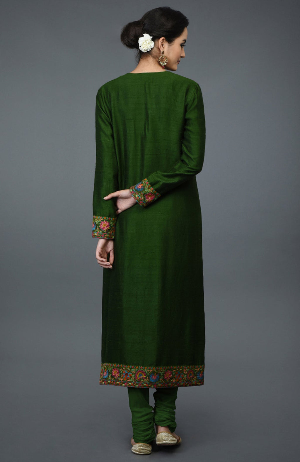 Moss green raw silk suit with multicolor Kashmiri hand embroidery and georgette dupatta borders