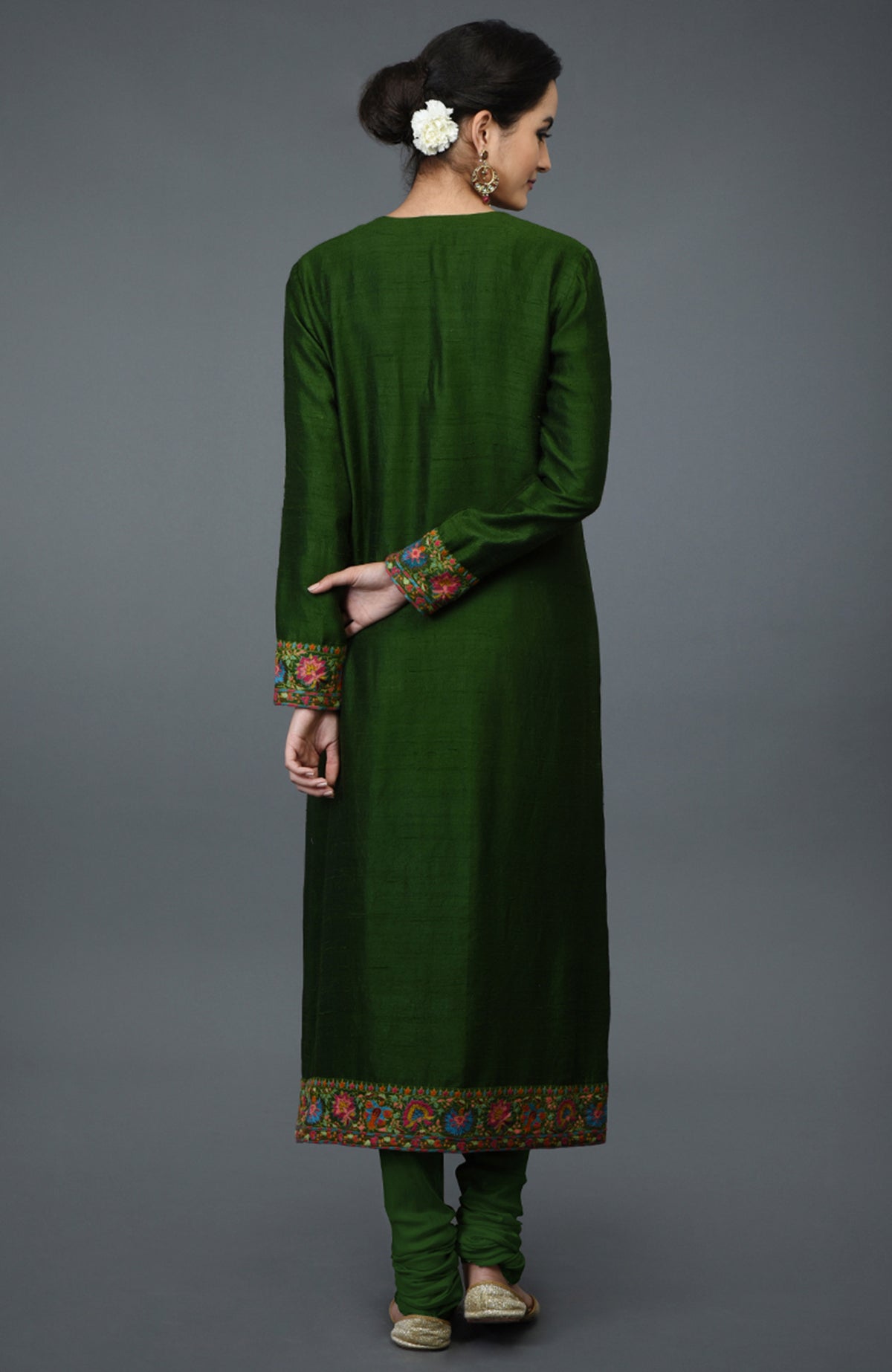 Moss green raw silk suit with multicolor Kashmiri hand embroidery and georgette dupatta borders