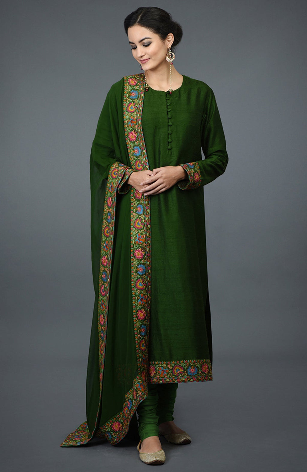 Moss green raw silk suit with multicolor Kashmiri hand embroidery on kurta and dupatta borders