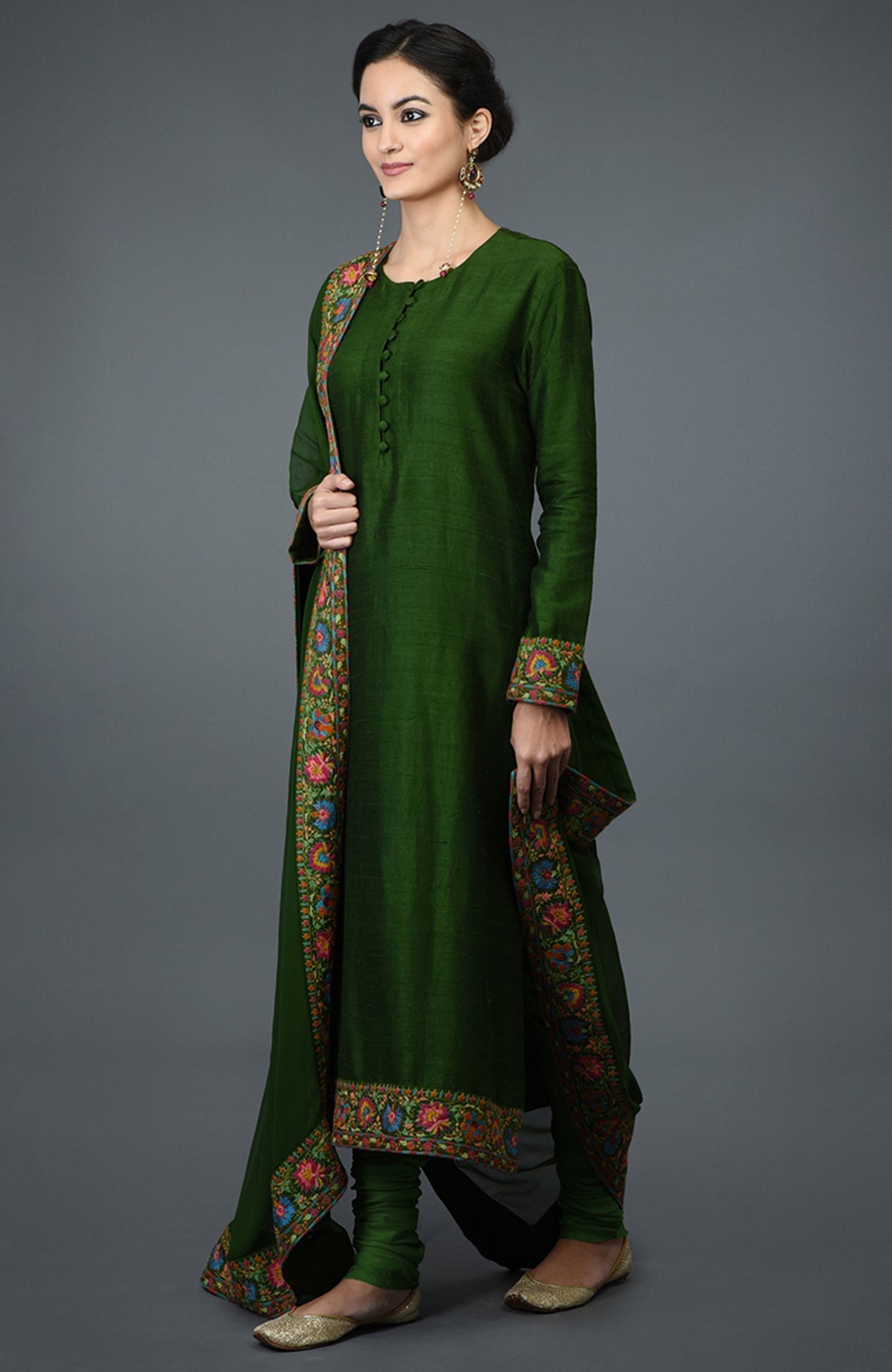 Moss green raw silk suit with colorful Kashmiri hand embroidery on kurta and dupatta borders