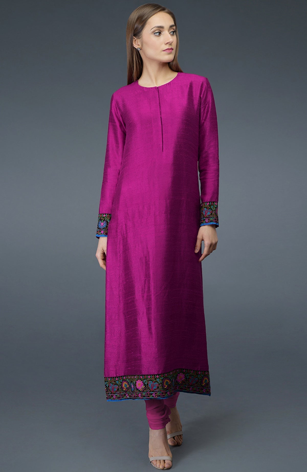 Orchid raw silk suit with multicolor Kashmiri Kashidakari embroidery and georgette dupatta borders.