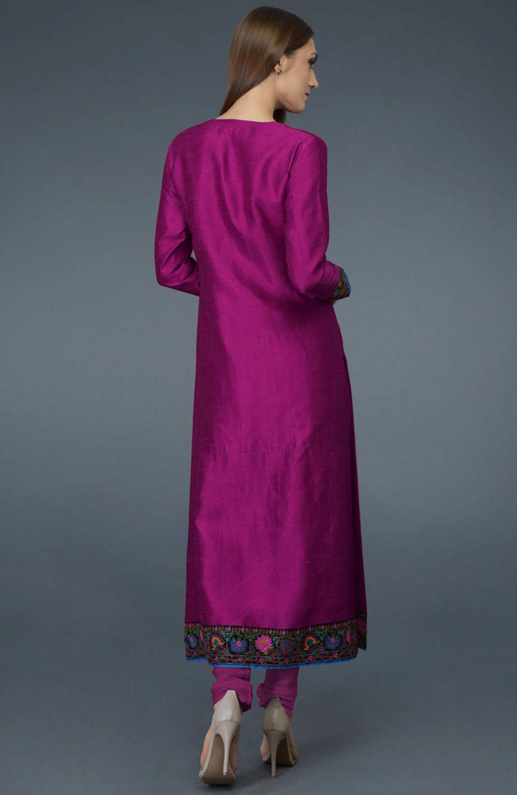 Orchid raw silk suit with multicolor Kashmiri hand embroidery and georgette dupatta borders.