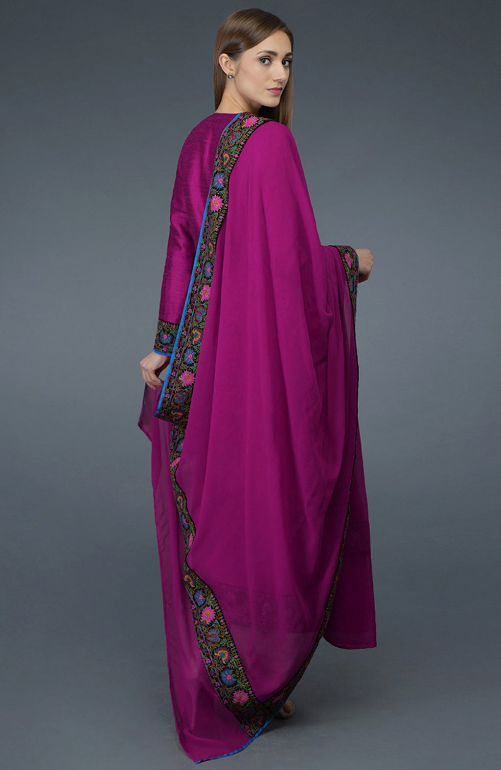 Orchid raw silk suit with multicolor Kashmiri hand embroidery and georgette dupatta borders.
