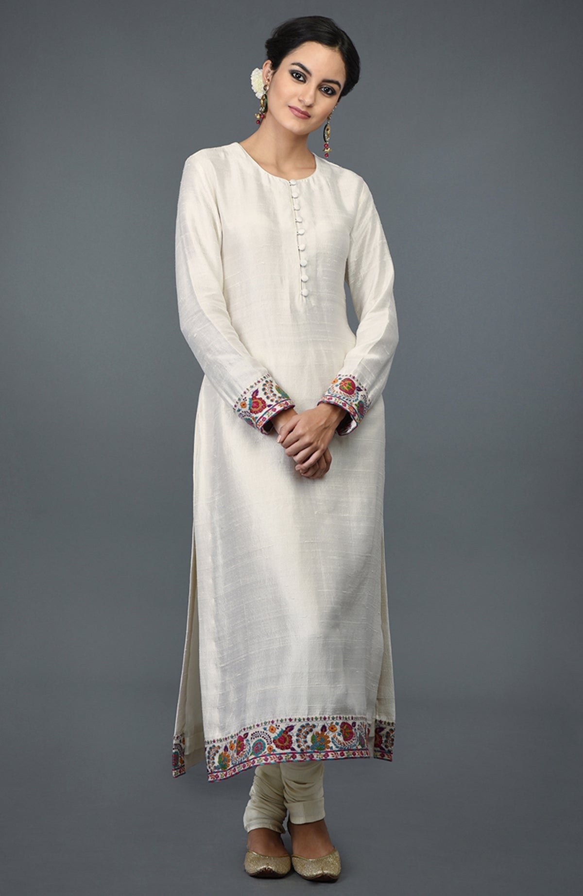 Ivory raw silk suit with colorful Kashmiri hand embroidery on kurta and dupatta borders