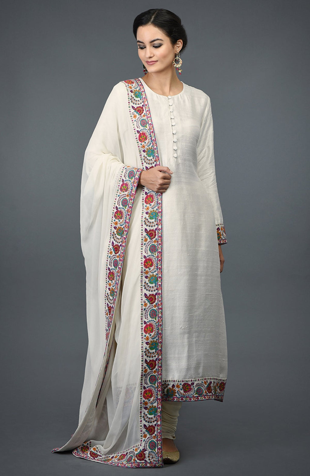 Ivory raw silk suit with multicolor Kashmiri hand embroidery on kurta and dupatta borders