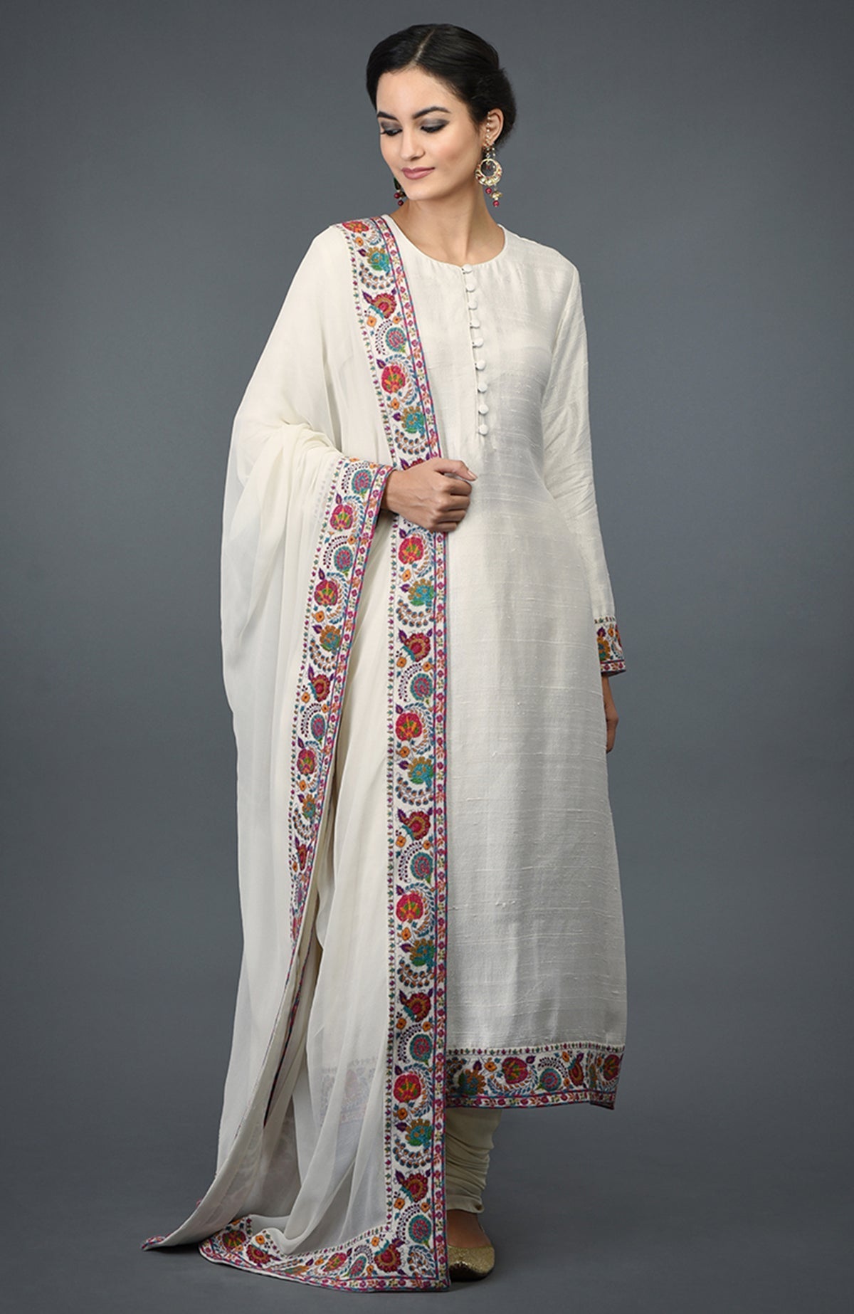 Ivory raw silk suit with multicolor Kashmiri hand embroidery on kurta and dupatta borders