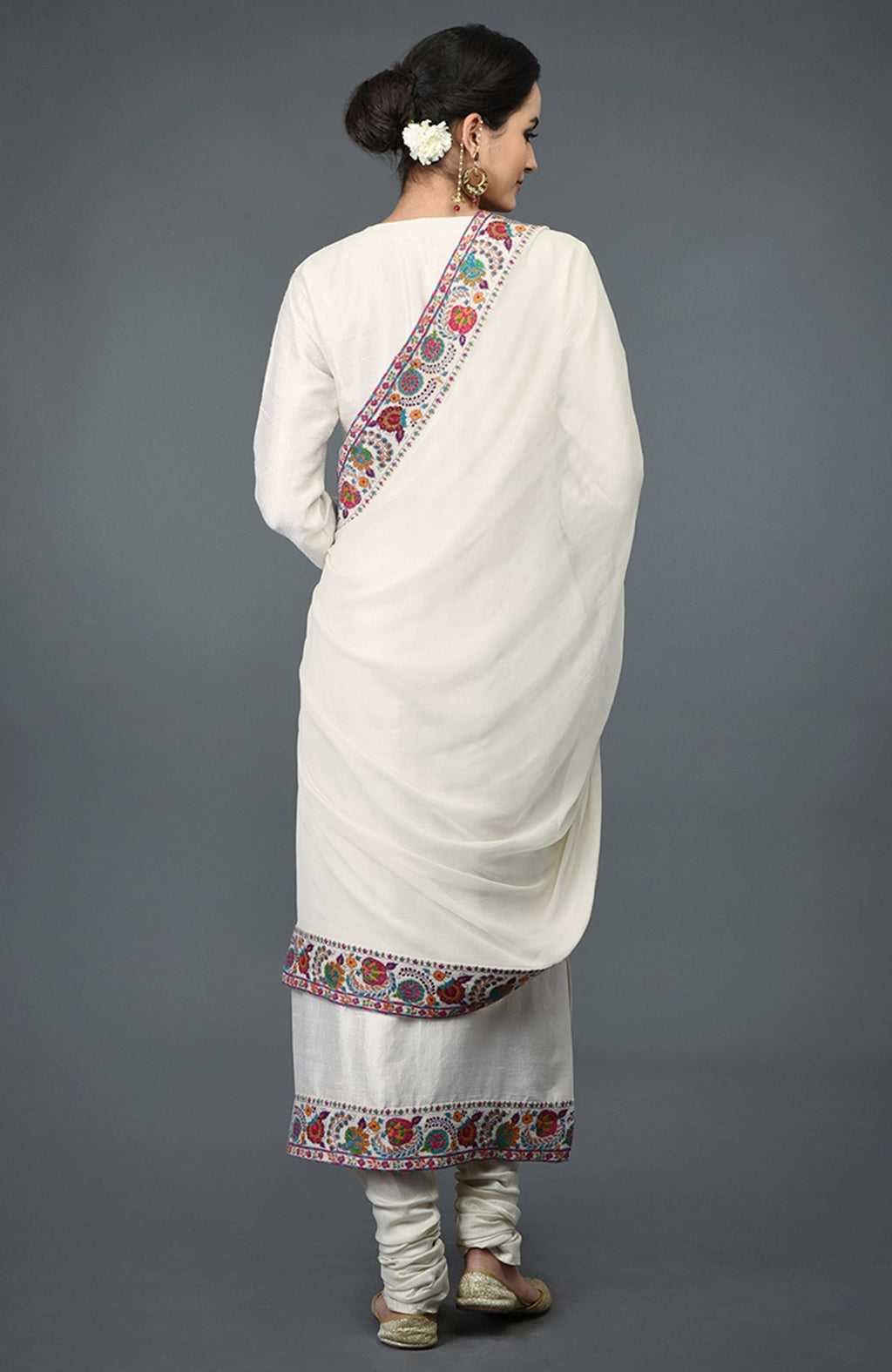 Ivory raw silk suit with colorful Kashmiri hand embroidery on kurta and dupatta borders
