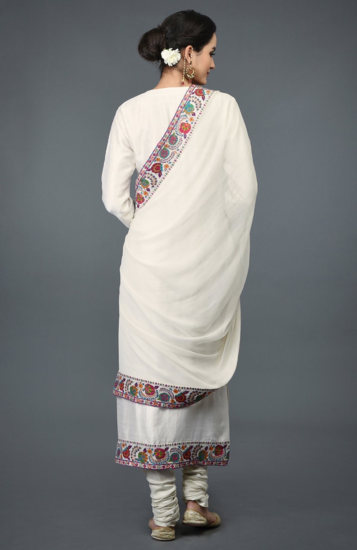 Ivory raw silk suit with colorful Kashmiri hand embroidery on kurta and dupatta borders