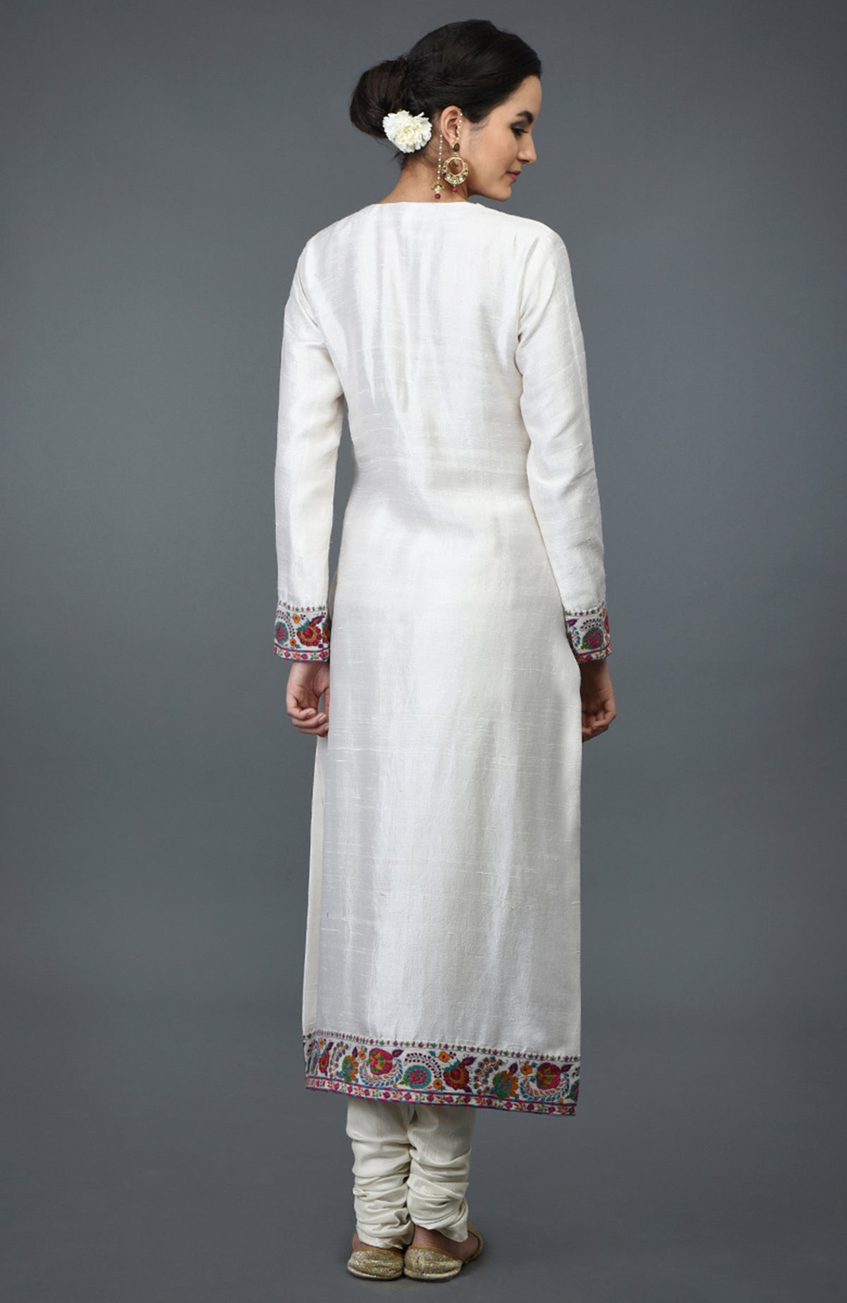 Ivory raw silk suit with colorful Kashmiri hand embroidery on kurta and dupatta borders