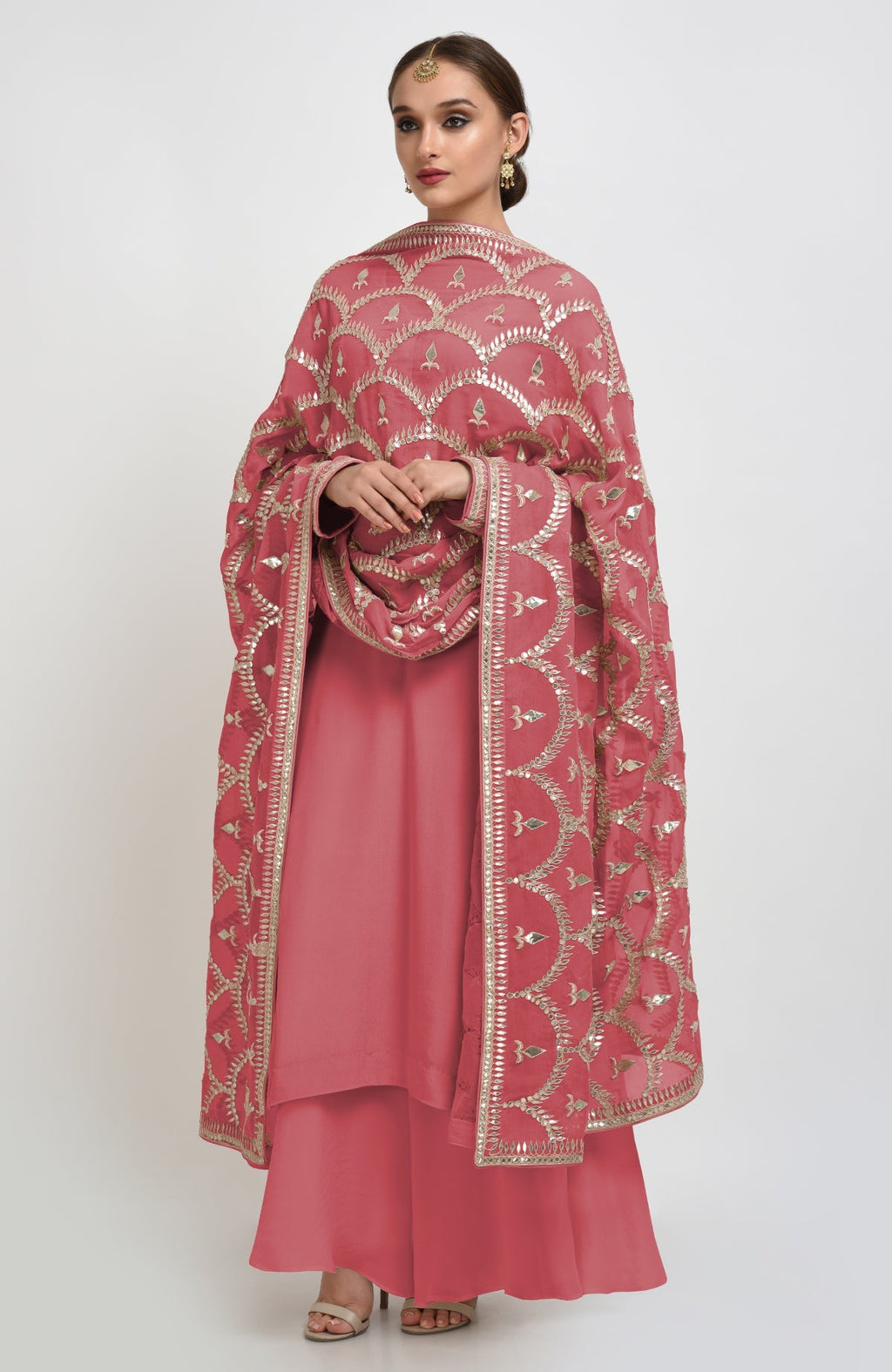 Mehandi green suit with rose gold gota patti embroidery and matching dupatta with borders