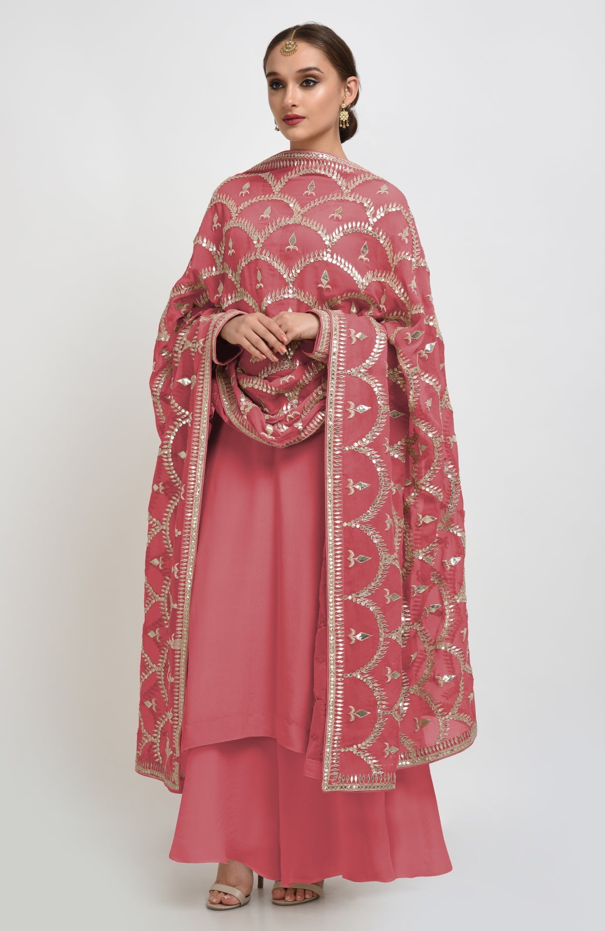 Mehandi green suit with rose gold gota patti embroidery and matching dupatta with borders