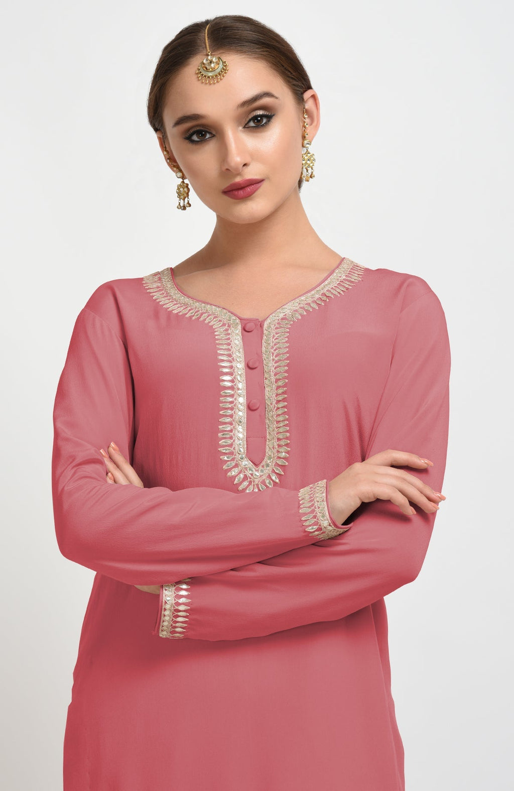 Desert Rose suit with rose gold gota patti embroidery on dupatta and shirt neckline.