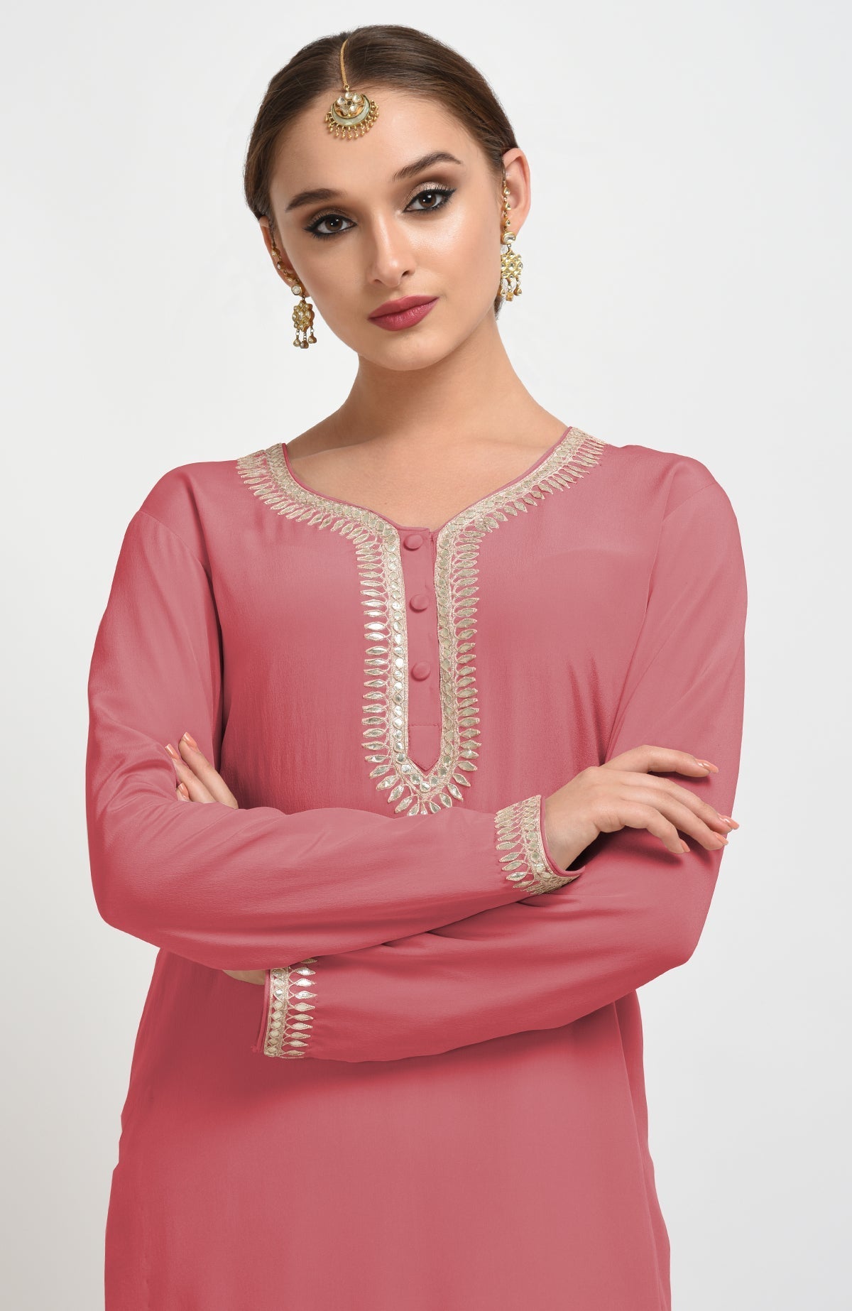 Desert Rose suit with rose gold gota patti embroidery on dupatta and shirt neckline.