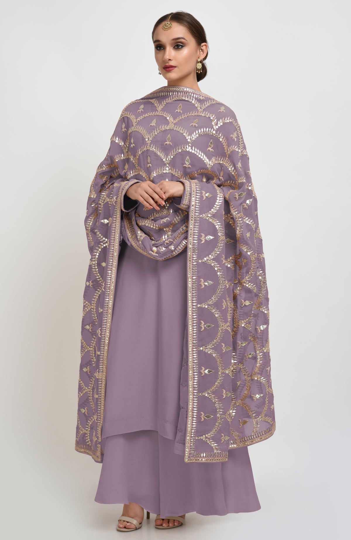 Mehandi green suit with rose gold gota patti embroidery and matching dupatta with borders