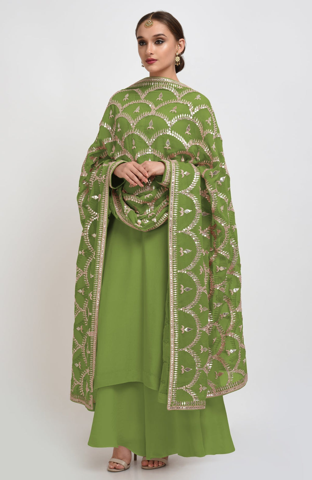Mehandi green suit with rose gold gota patti embroidery and matching dupatta with borders