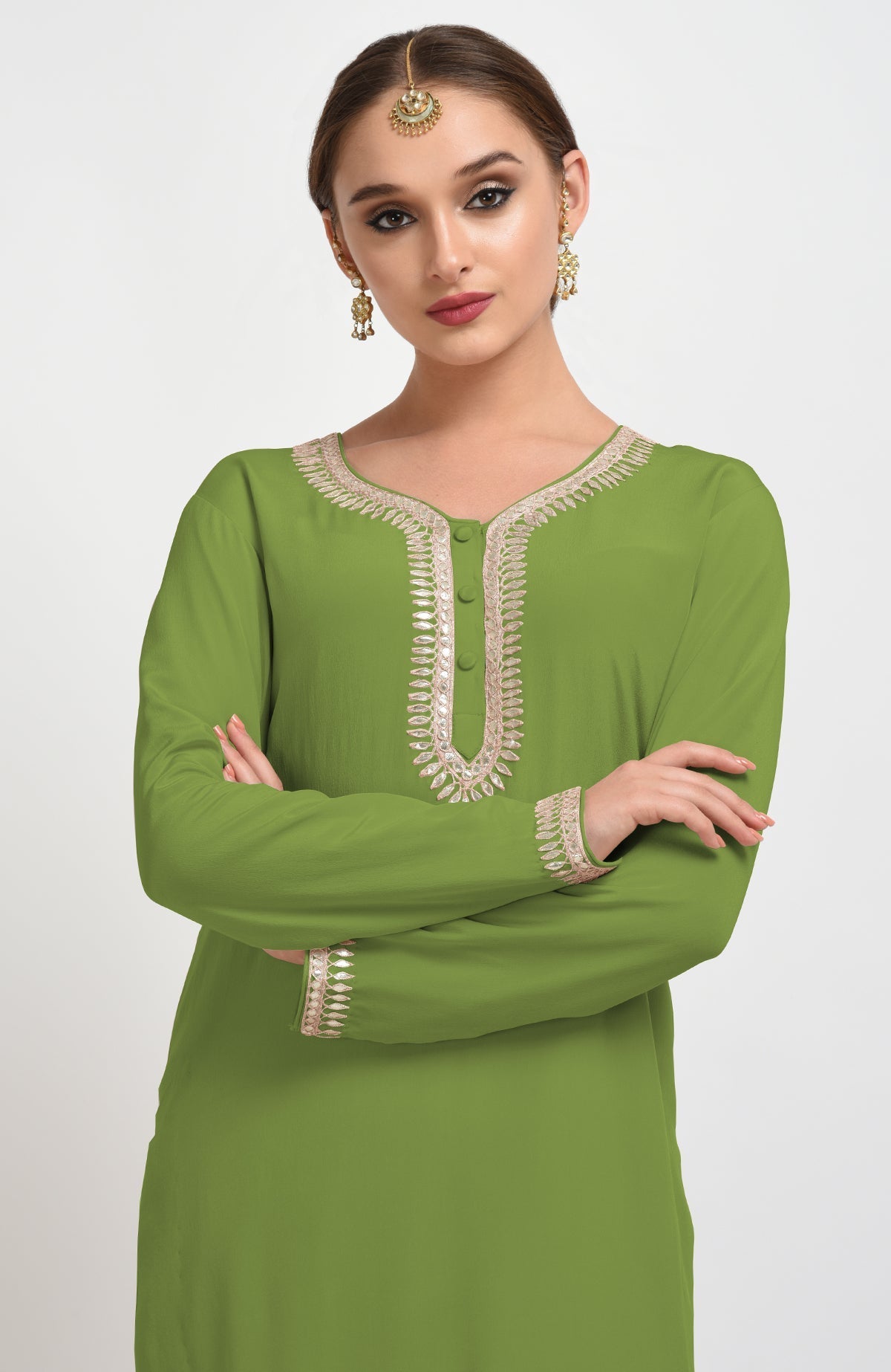 Mehandi green suit with rose gold gota patti embroidery and matching dupatta with borders