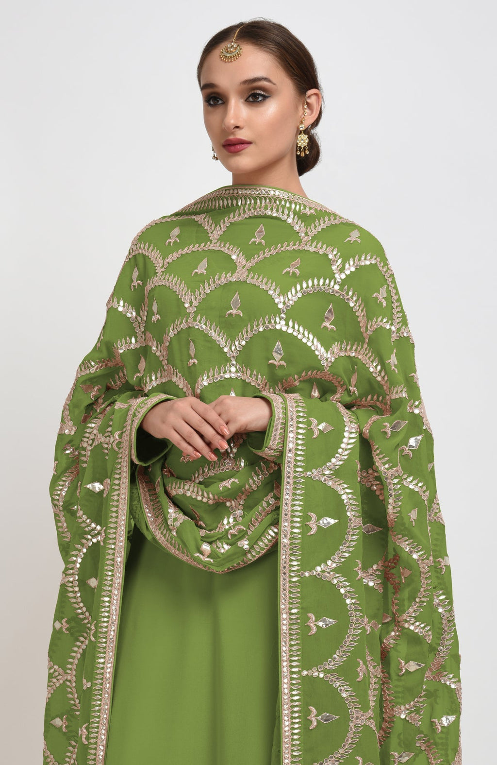Mehandi green suit with rose gold gota patti embroidery and matching dupatta with borders