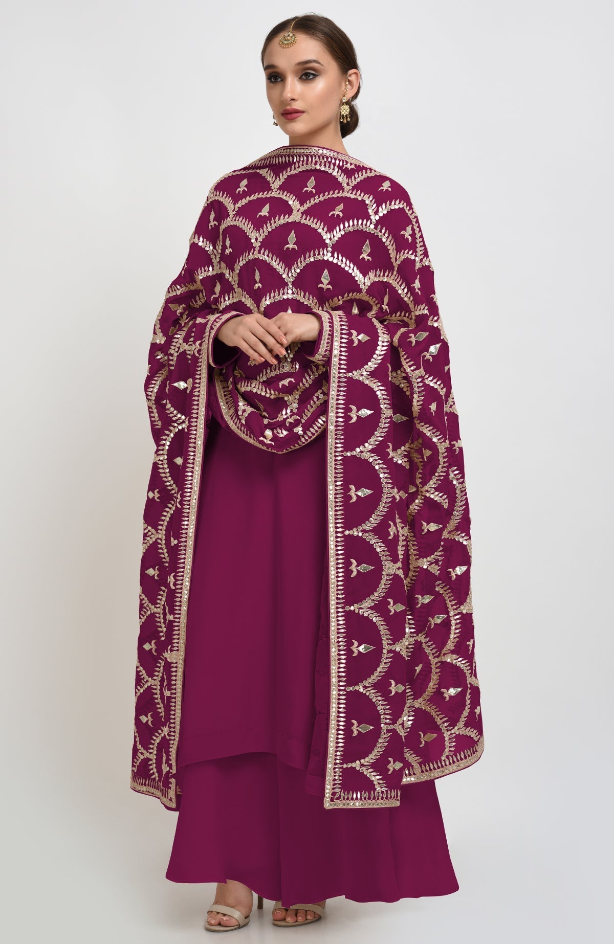 Rose tan suit with rose gold gota patti embroidery on dupatta and shirt neckline and sleeves.