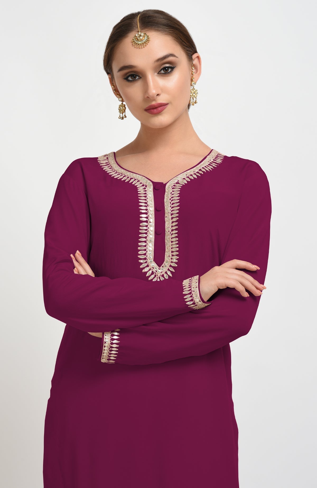 Peacock pink suit with rose gold gota patti hand embroidery and scalloped dupatta borders