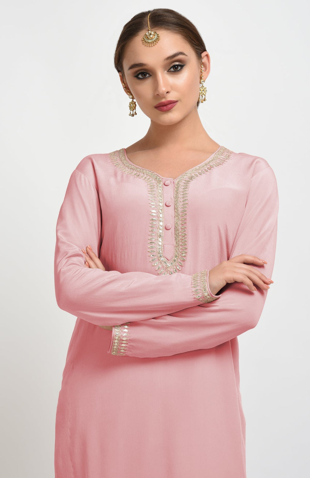 Rose tan suit with rose gold gota patti embroidery on dupatta and shirt neckline and sleeves.