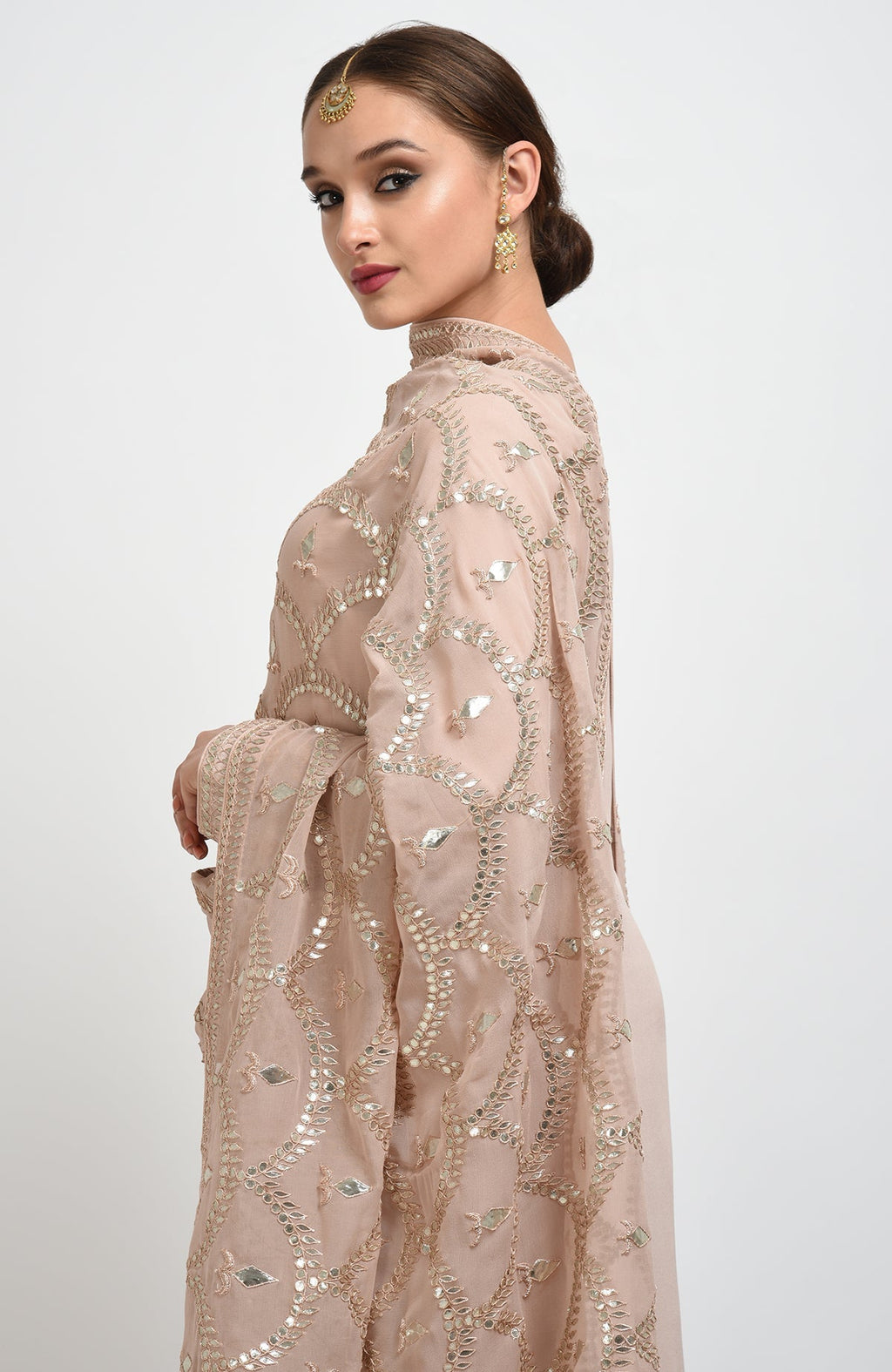 Oyster pink suit with rose gold gota patti embroidery on dupatta and shirt neckline and sleeves