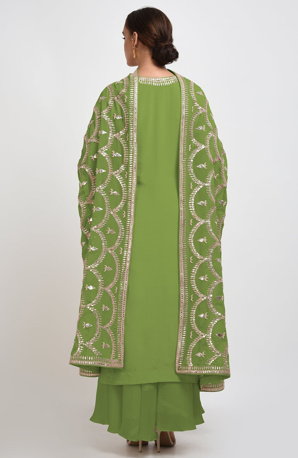 Mehandi green suit with rose gold gota patti embroidery and matching dupatta with border.
