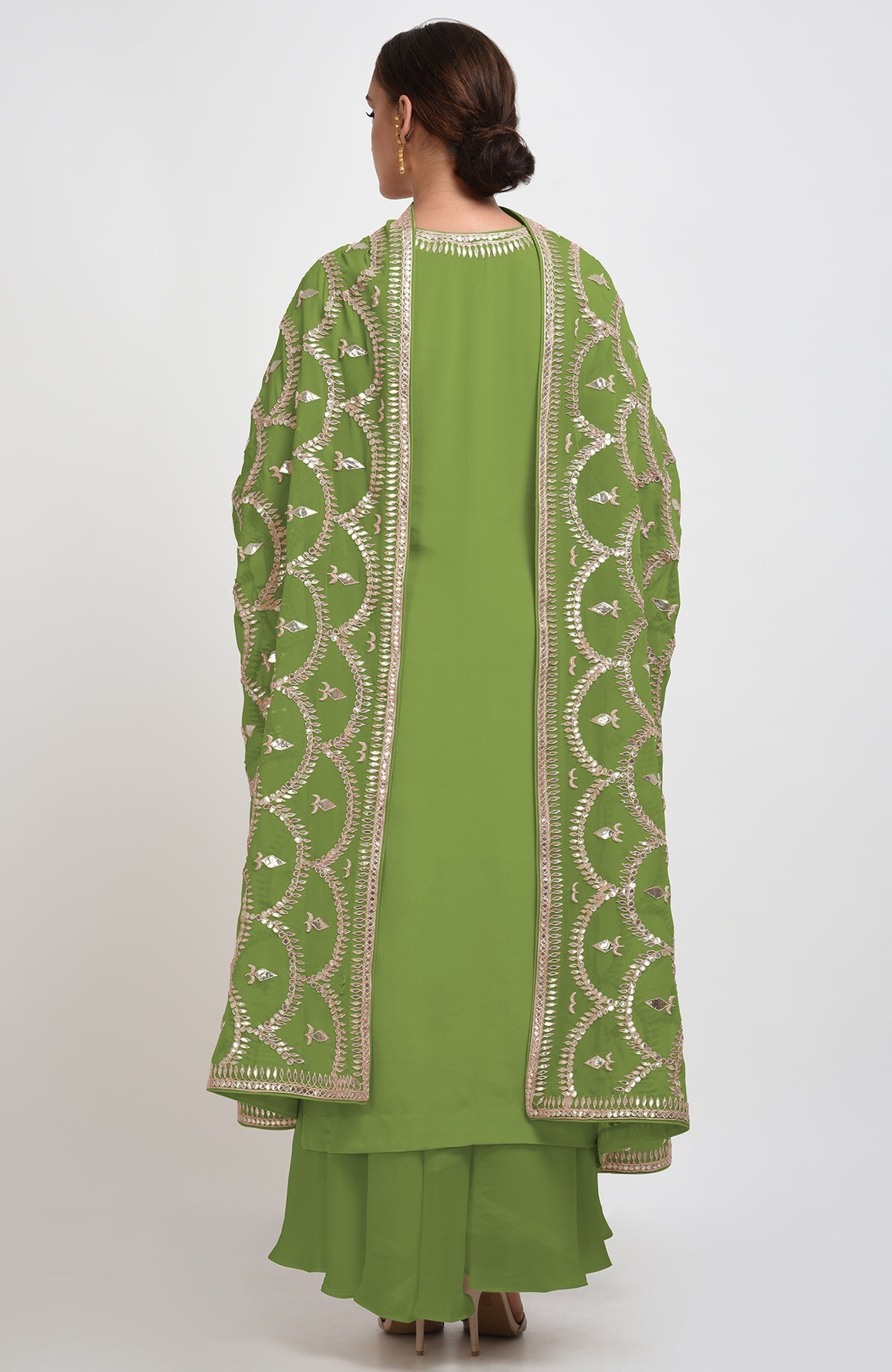 Mehandi green suit with rose gold gota patti embroidery and matching dupatta with border.