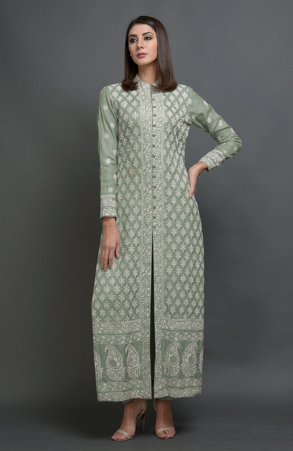 Desert sage tussar silk jacket suit with ivory chikankari embroidery and band collar neckline