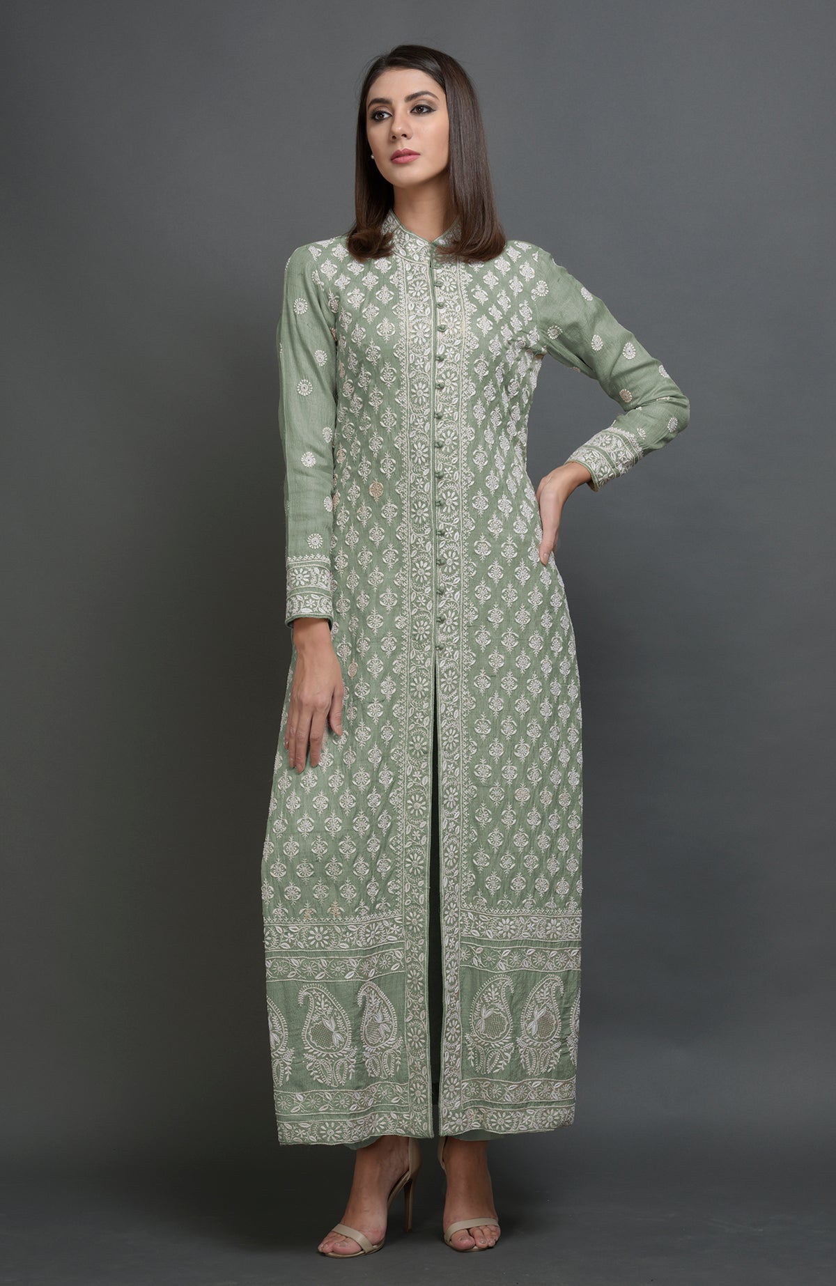Desert sage tussar silk jacket suit with ivory chikankari embroidery and band collar neckline