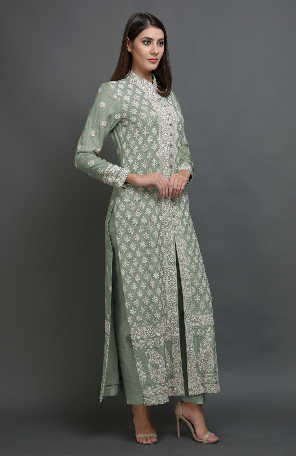 Desert Sage silk jacket suit with ivory chikankari embroidery and band collar neckline