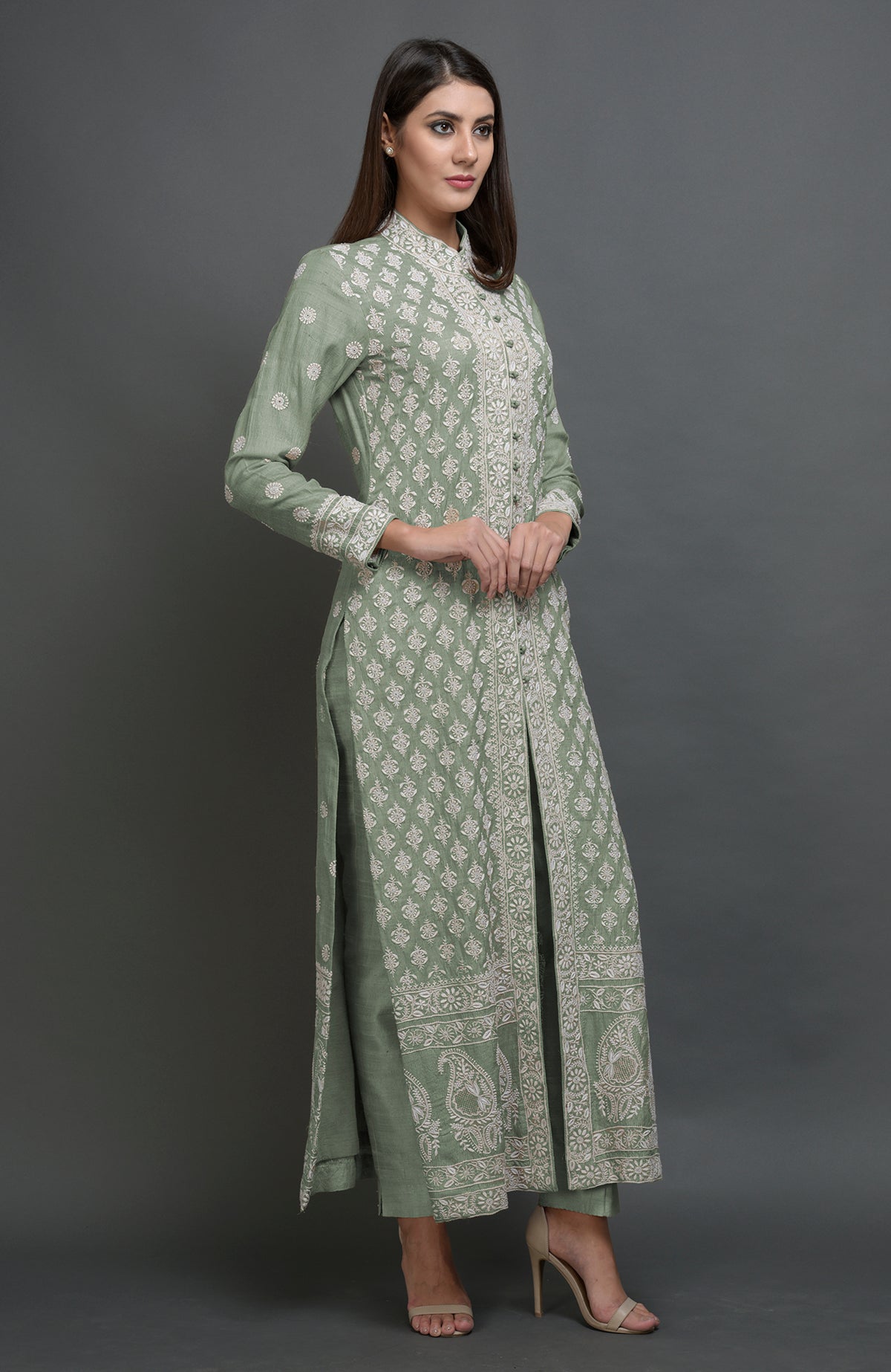 Desert Sage silk jacket suit with ivory chikankari embroidery and band collar neckline
