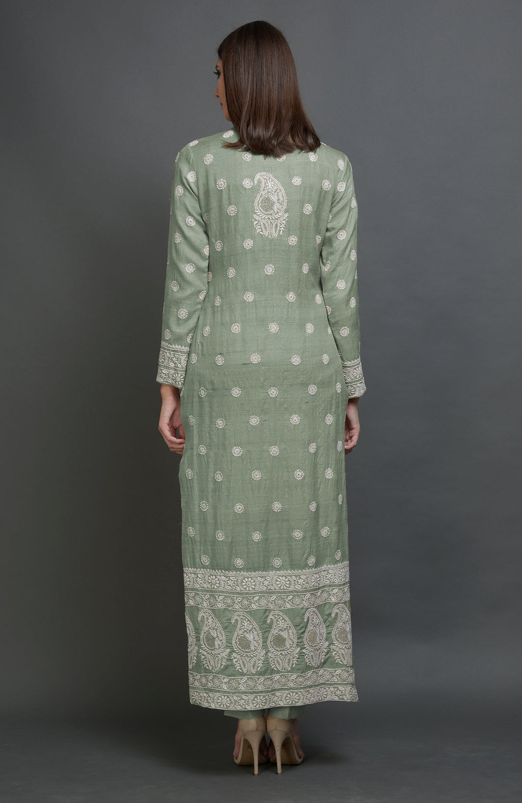Desert sage tussar silk jacket with ivory chikankari embroidery and band collar neckline