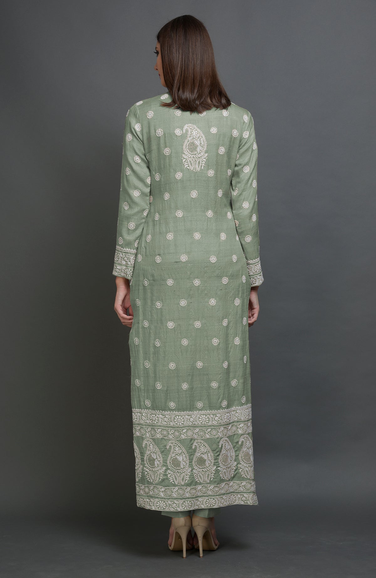 Desert sage tussar silk jacket with ivory chikankari embroidery and band collar neckline